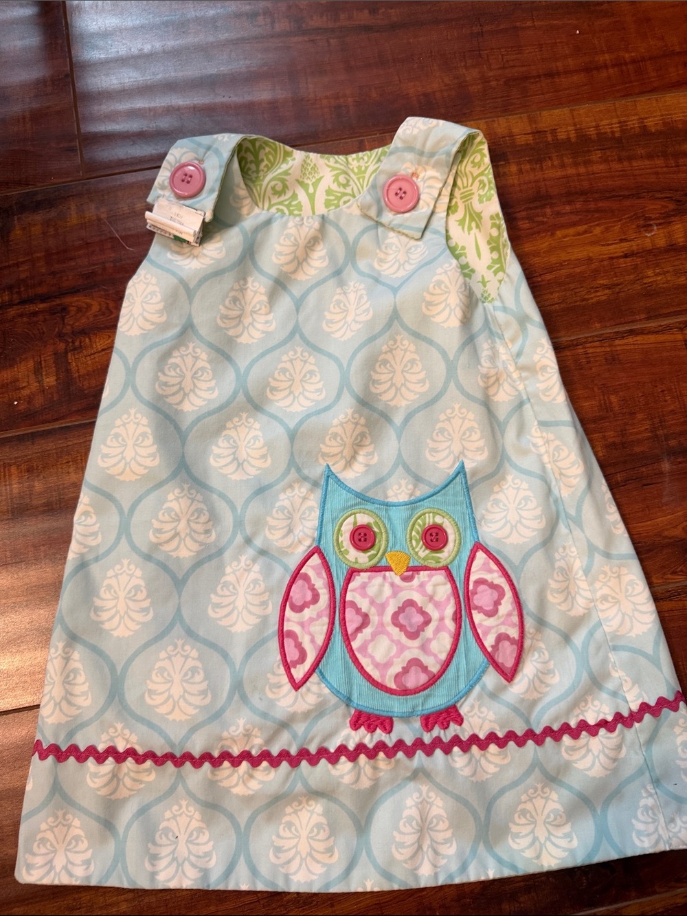 Kids Blue Owl Appliqué Jumper Dress  reversible - Pink Button Accents 12 months